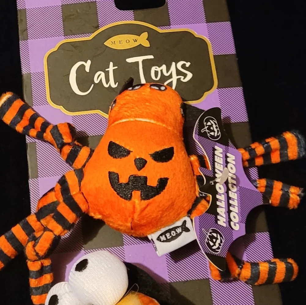 Cat Toys For Fall With Cat Nip Bugs- A Pumpkin Spider and A Fly w/Gold Wings